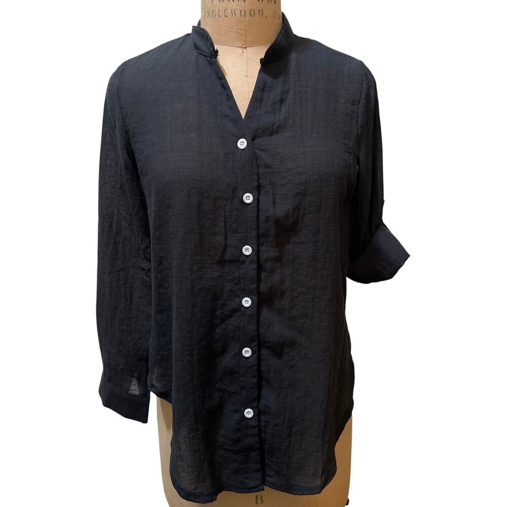 Lightweight Button Down Long Convertible Sleeves Black Shirt Top Size S